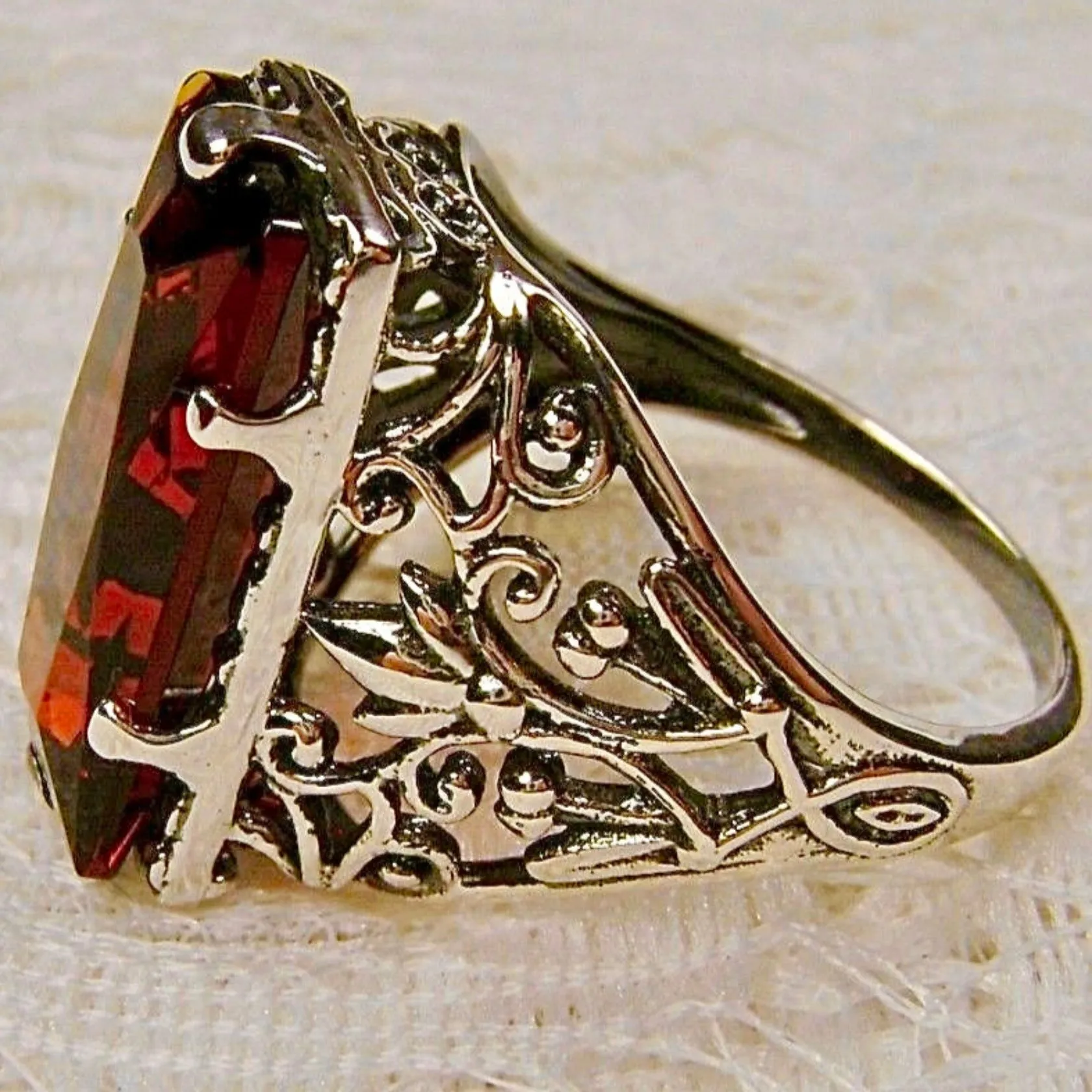 Orange Citrine Ring, Baguette Gem, Floral Leaf Filigree, Victorian Jewelry, D32