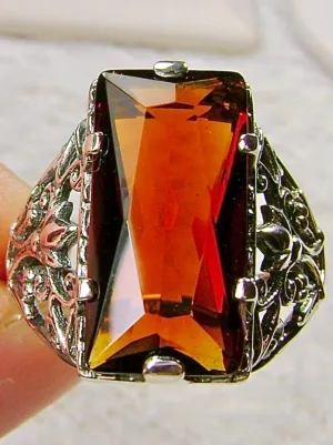 Orange Citrine Ring, Baguette Gem, Floral Leaf Filigree, Victorian Jewelry, D32