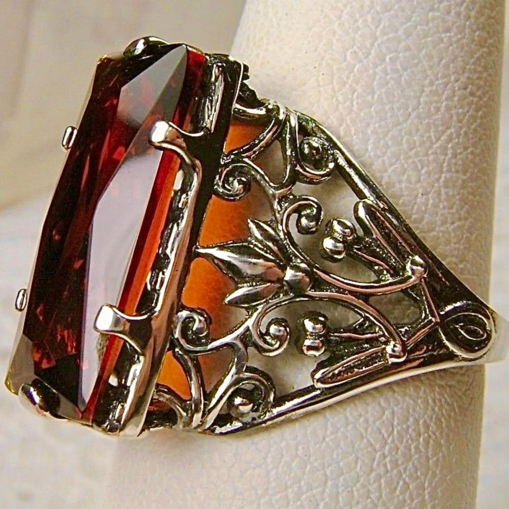 Orange Citrine Ring, Baguette Gem, Floral Leaf Filigree, Victorian Jewelry, D32