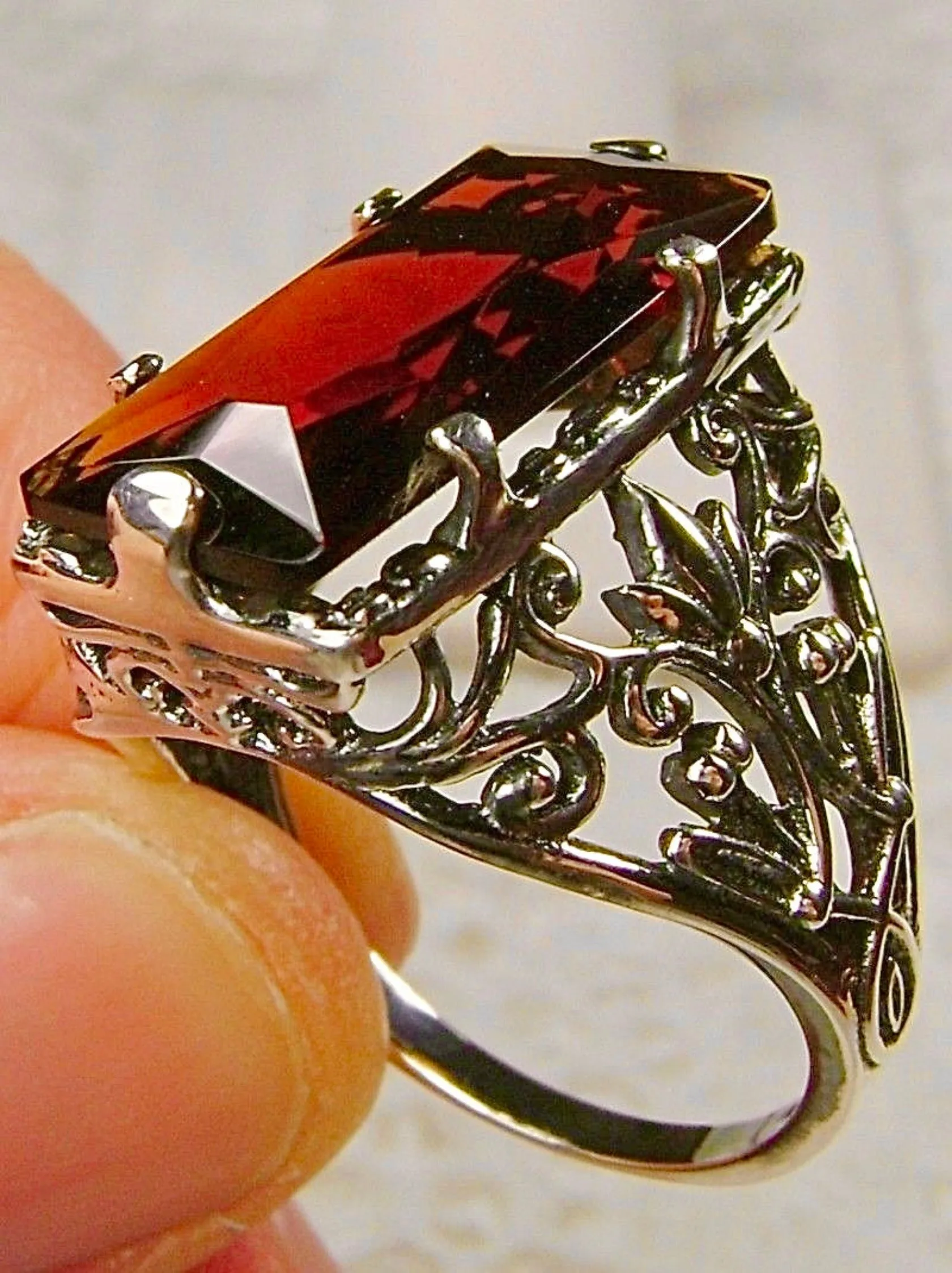 Orange Citrine Ring, Baguette Gem, Floral Leaf Filigree, Victorian Jewelry, D32