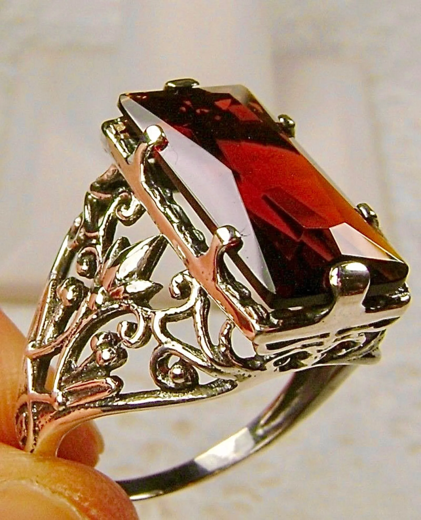 Orange Citrine Ring, Baguette Gem, Floral Leaf Filigree, Victorian Jewelry, D32