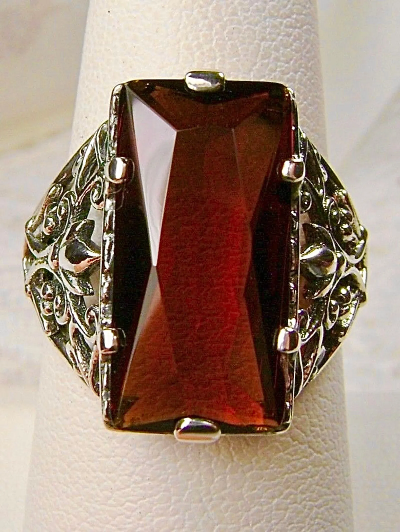 Orange Citrine Ring, Baguette Gem, Floral Leaf Filigree, Victorian Jewelry, D32