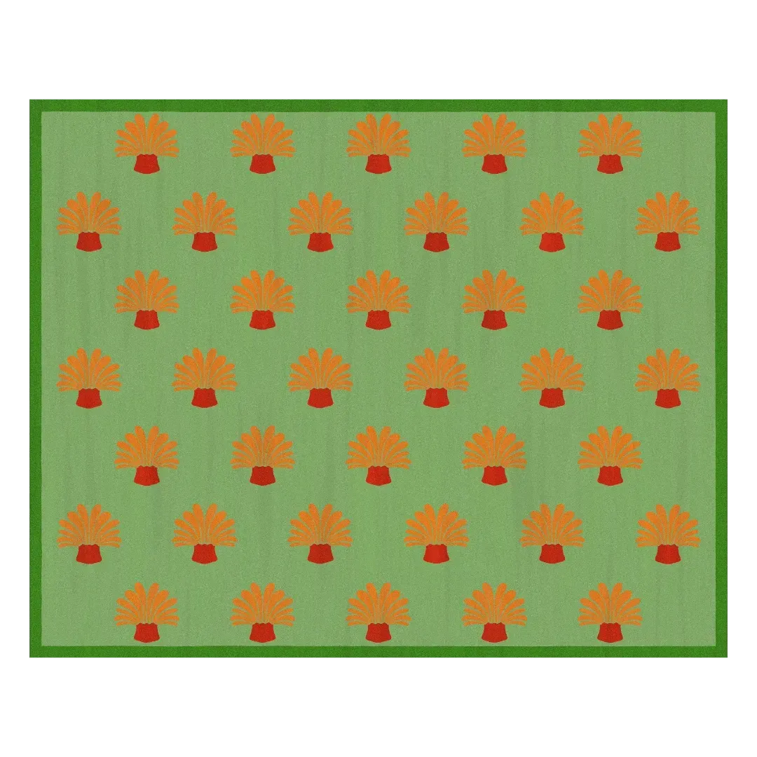 Orange Palm Trees Green Tufted Wool Rug - II