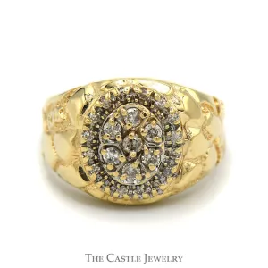 Oval Shaped 1/2cttw Diamond Cluster Ring with Nugget Designed Sides in 10k Yellow Gold