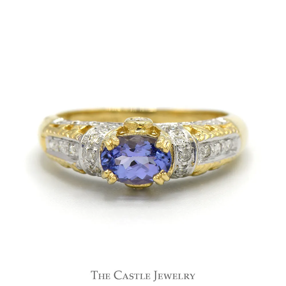 Oval Tanzanite Ring with Diamond Accented Sides in Ornate 14k Yellow Gold Mounting