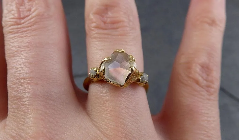 partially faceted moonstone rough diamond 18k gold ring gemstone multi stone recycled 1857 Alternative Engagement