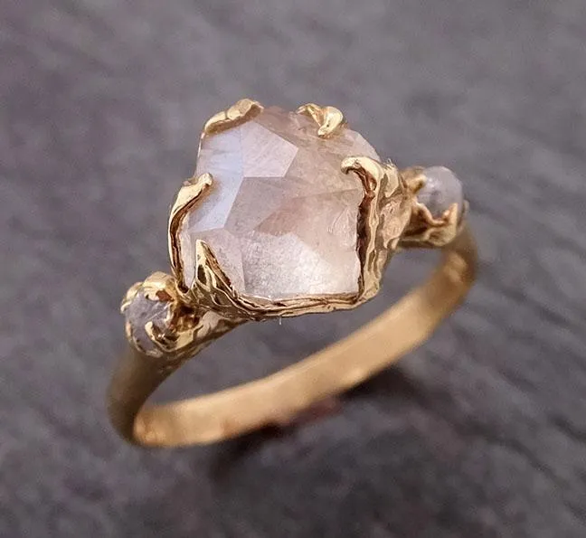 partially faceted moonstone rough diamond 18k gold ring gemstone multi stone recycled 1857 Alternative Engagement