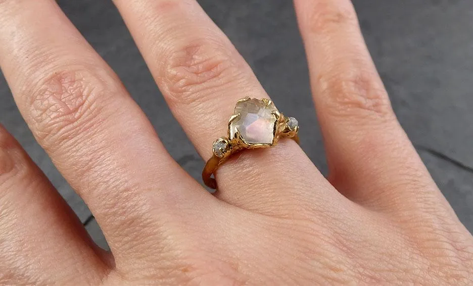 partially faceted moonstone rough diamond 18k gold ring gemstone multi stone recycled 1857 Alternative Engagement