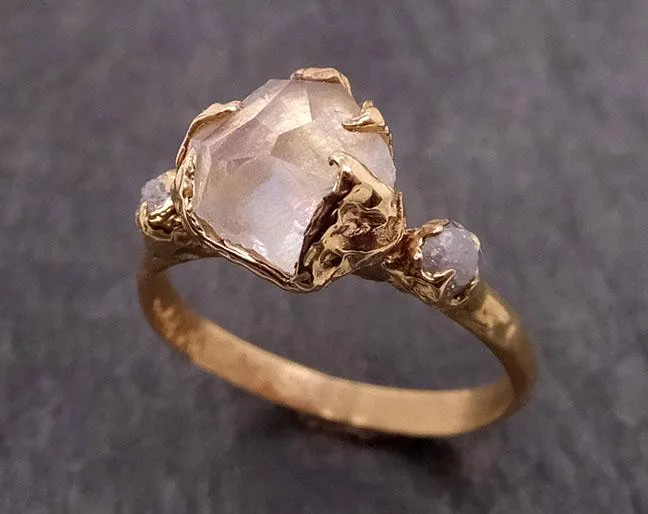 partially faceted moonstone rough diamond 18k gold ring gemstone multi stone recycled 1857 Alternative Engagement
