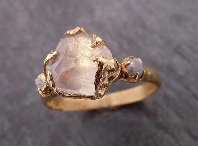 partially faceted moonstone rough diamond 18k gold ring gemstone multi stone recycled 1857 Alternative Engagement