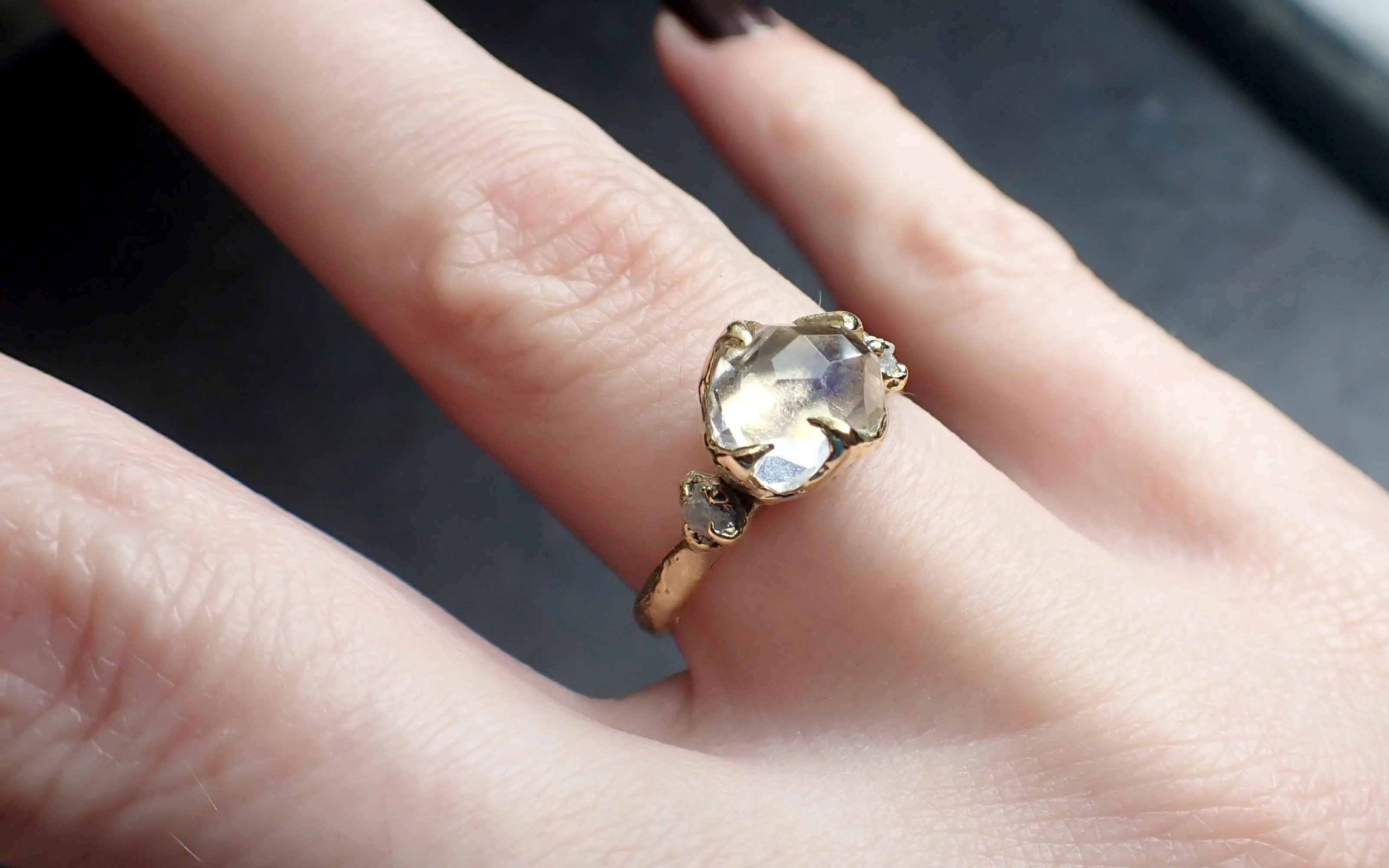 partially faceted moonstone rough diamond 18k gold ring gemstone multi stone recycled 2360 Alternative Engagement
