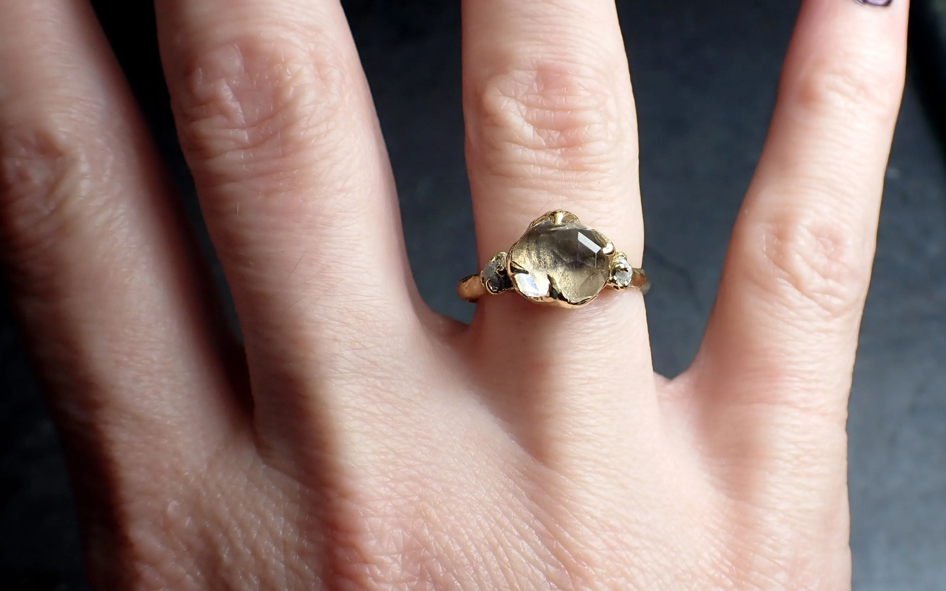 partially faceted moonstone rough diamond 18k gold ring gemstone multi stone recycled 2360 Alternative Engagement