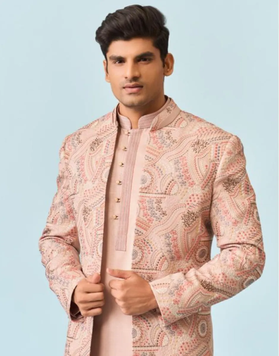 Peach Floral Hand Painted Jacket Set for Men Stylish, Unique & Artistic Fashion