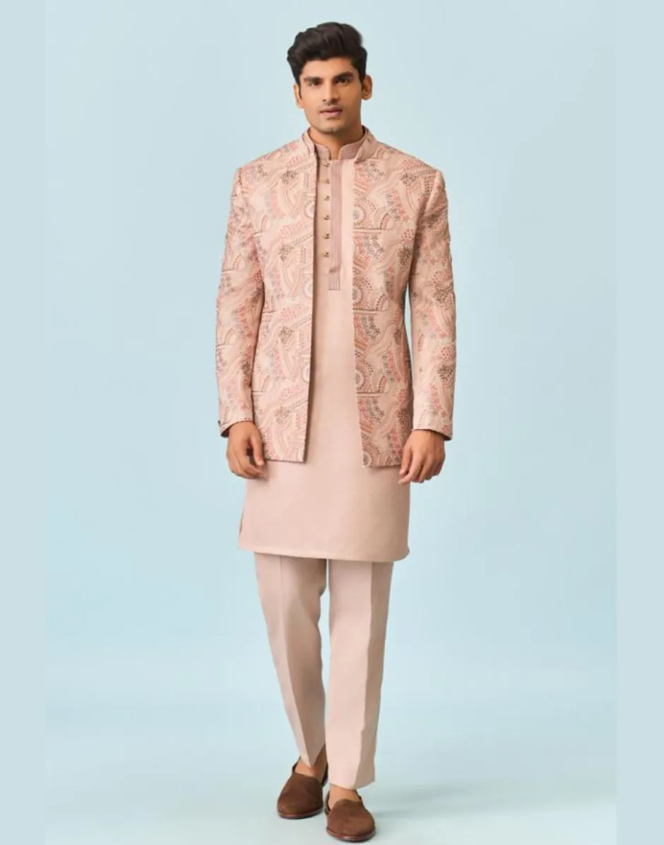 Peach Floral Hand Painted Jacket Set for Men Stylish, Unique & Artistic Fashion