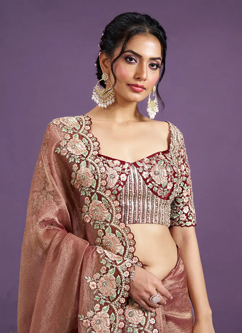 Peach Rose Embroidered Wedding Saree