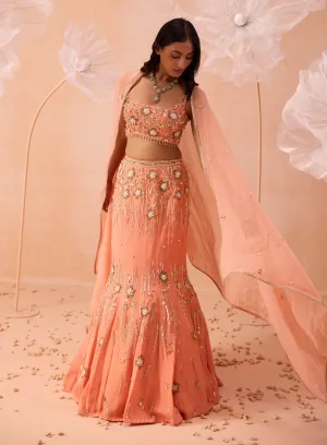 Peachy pearl embellished lehenga set