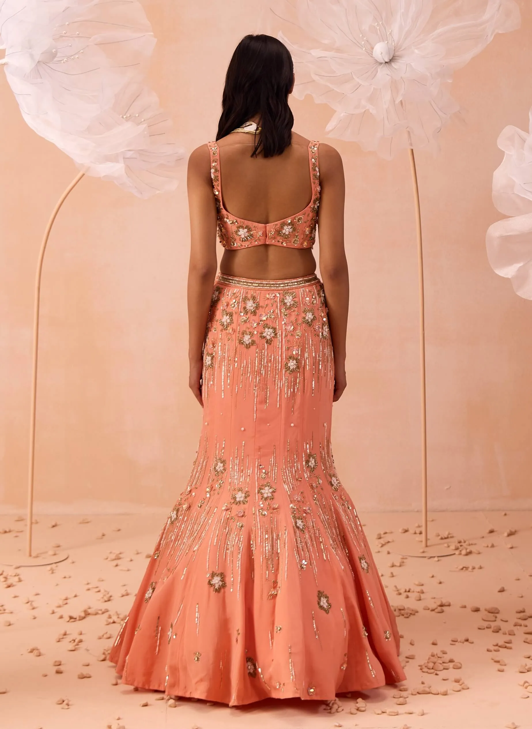 Peachy pearl embellished lehenga set