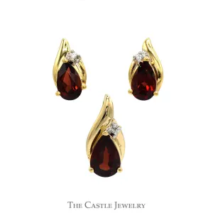 Pear Cut Garnet Pendant and Earring Set with Diamond Accents in 14k Yellow Gold