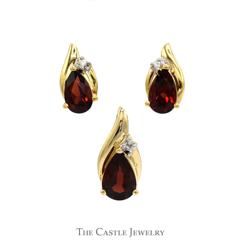 Pear Cut Garnet Pendant and Earring Set with Diamond Accents in 14k Yellow Gold
