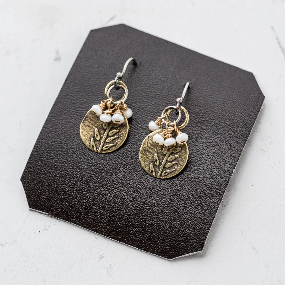 Pearl Fern Earrings in Yellow Bronze
