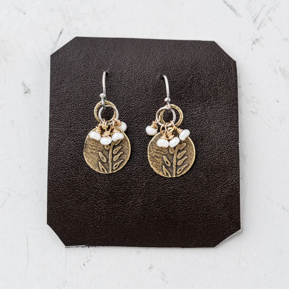 Pearl Fern Earrings in Yellow Bronze
