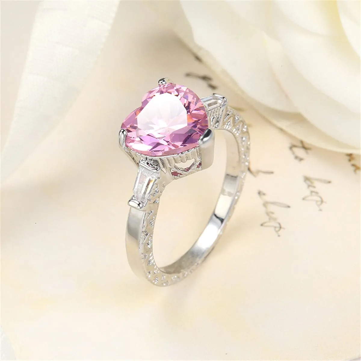 Pink Crystal & Silver-Plated Heart Ring