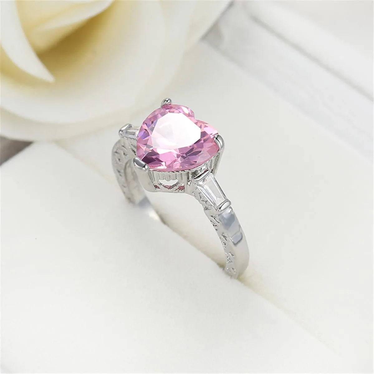 Pink Crystal & Silver-Plated Heart Ring
