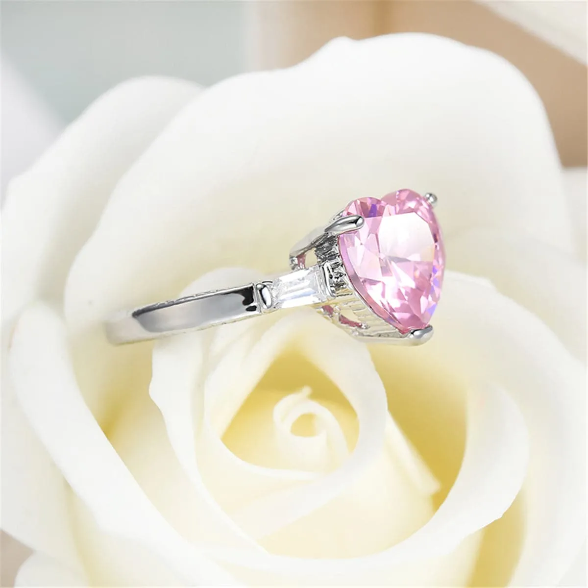 Pink Crystal & Silver-Plated Heart Ring