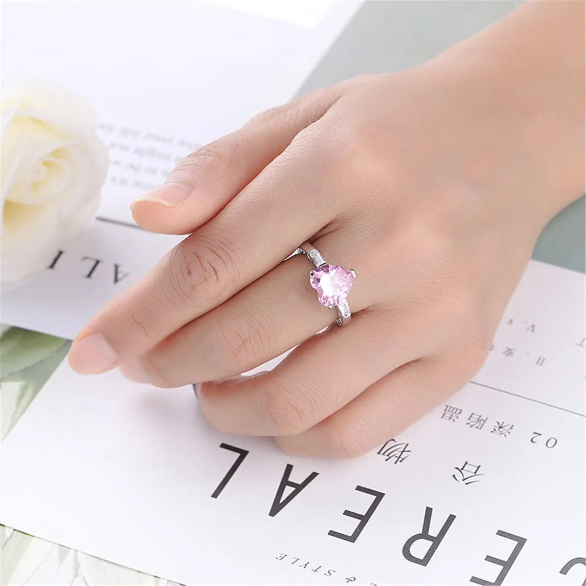 Pink Crystal & Silver-Plated Heart Ring