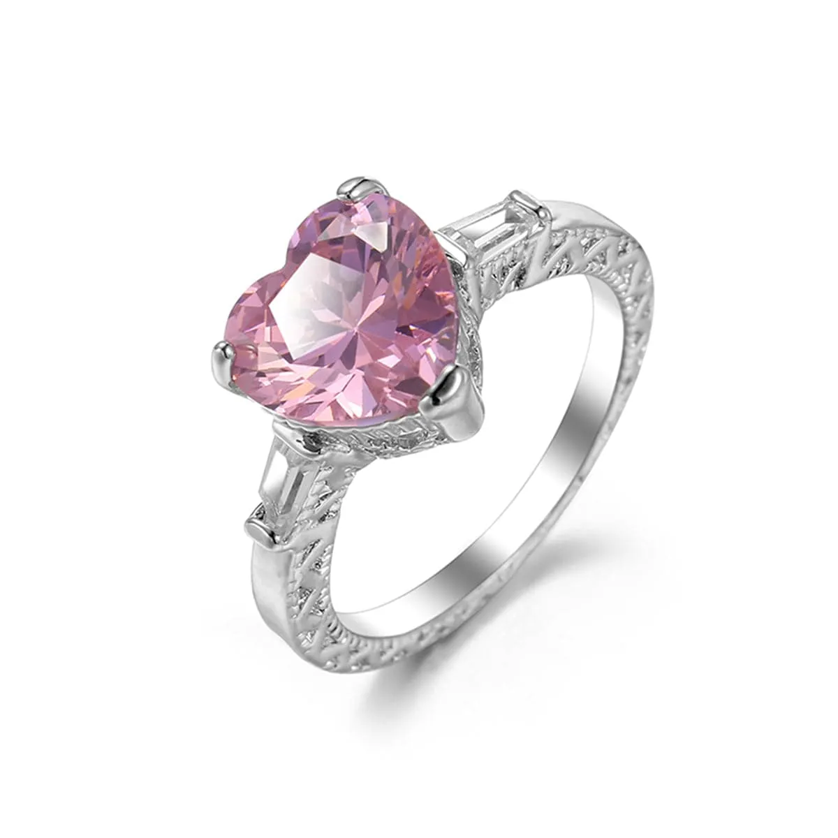 Pink Crystal & Silver-Plated Heart Ring