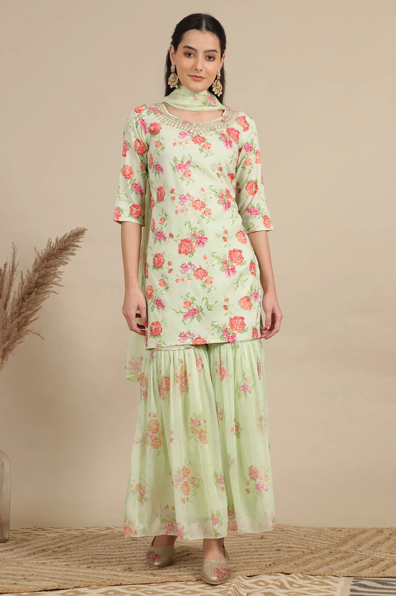 Pink Zari Embroidered Tissue Flared Kurta and Pants and Dupatta Set