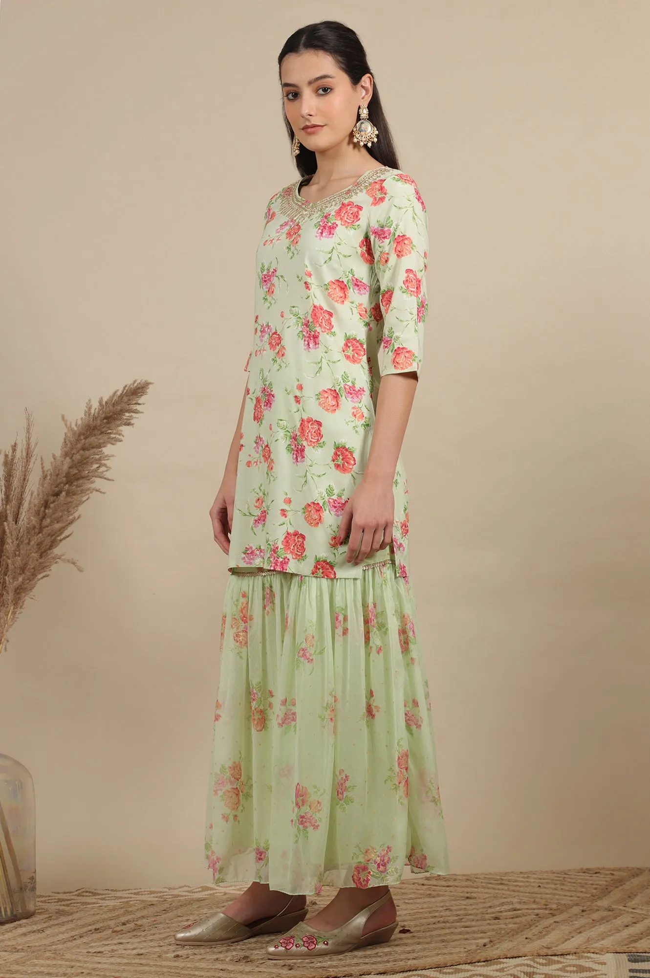 Pink Zari Embroidered Tissue Flared Kurta and Pants and Dupatta Set