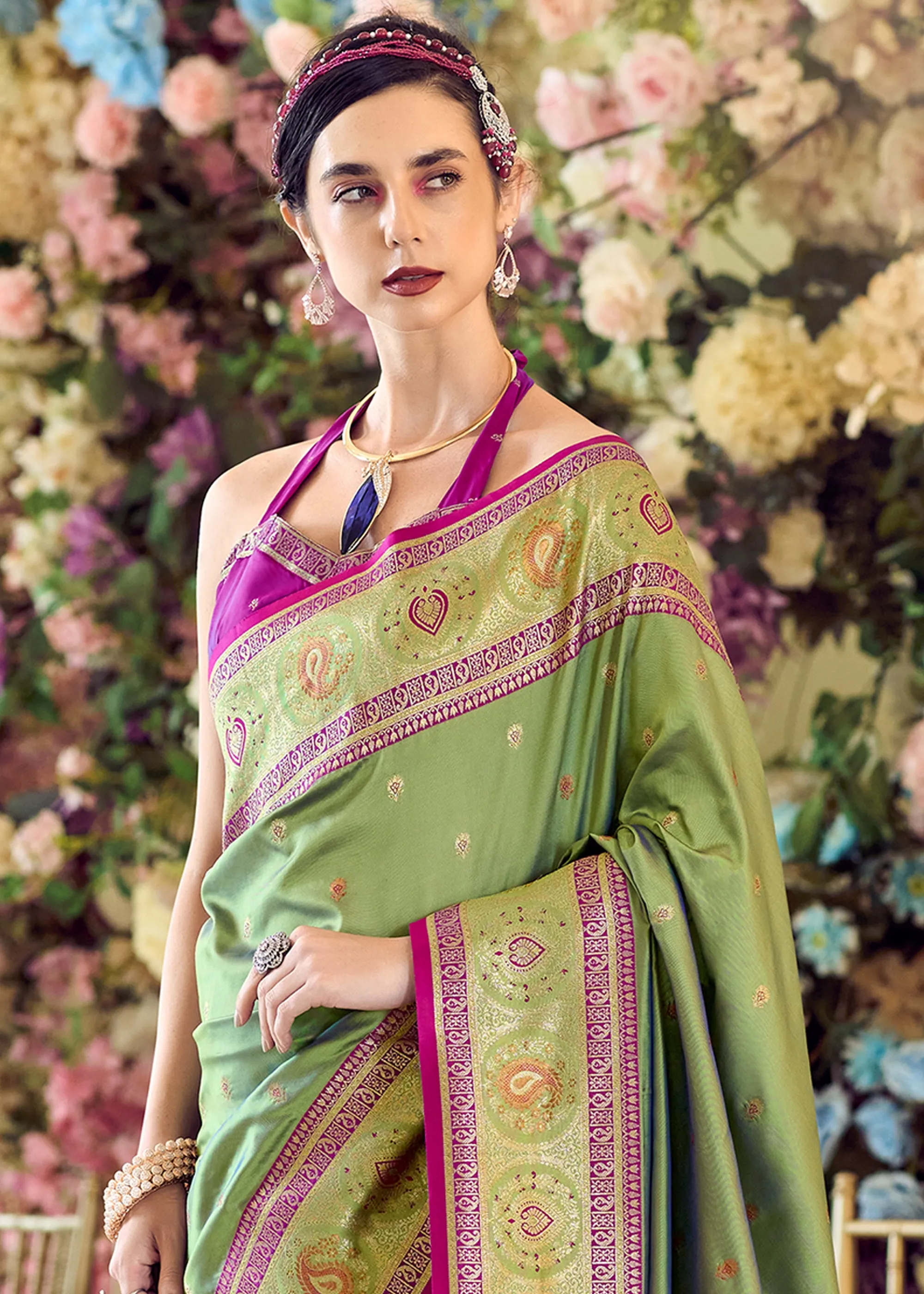 Pistachio Green Woven Banarasi Silk Saree With Contrast Blouse