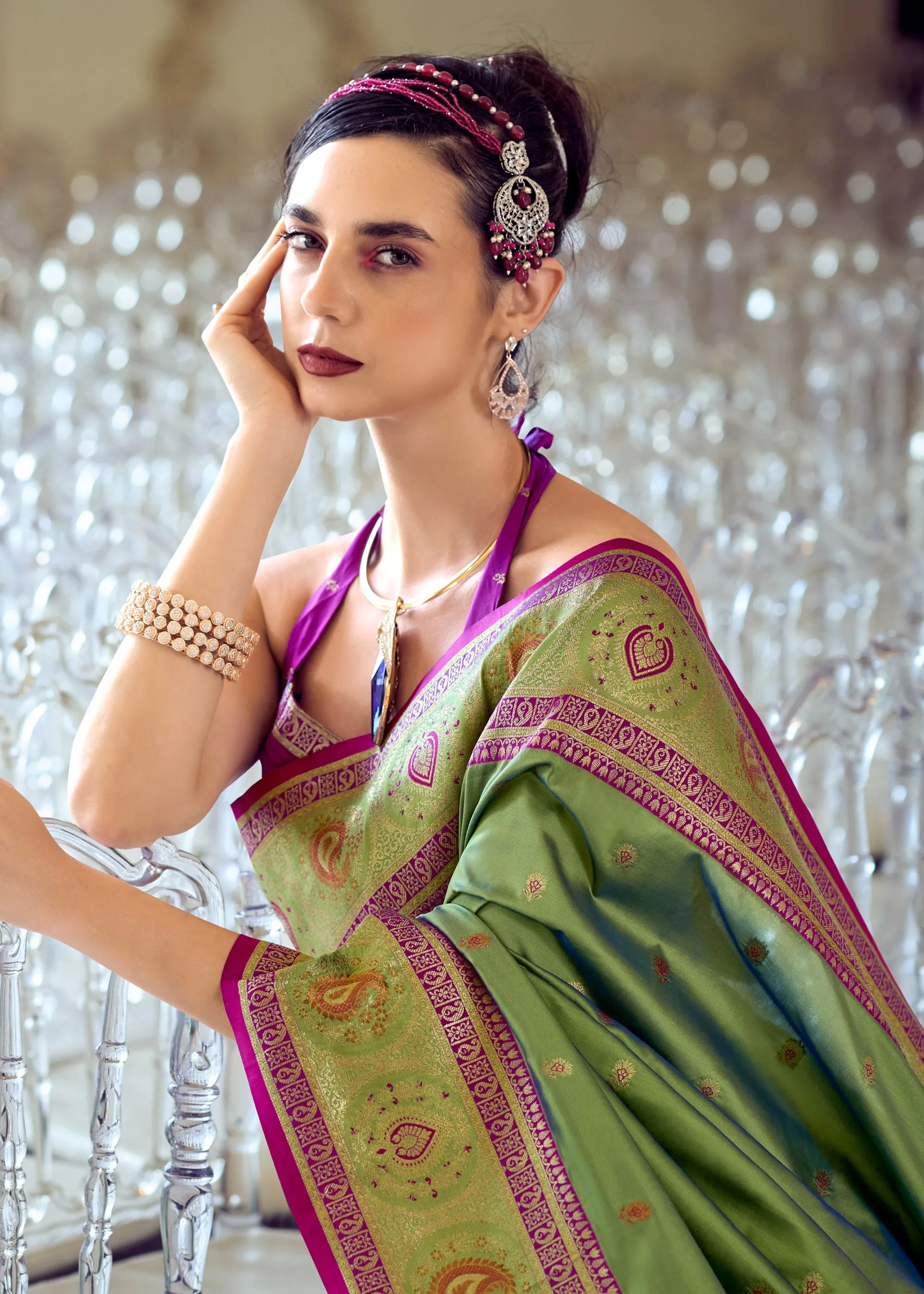 Pistachio Green Woven Banarasi Silk Saree With Contrast Blouse
