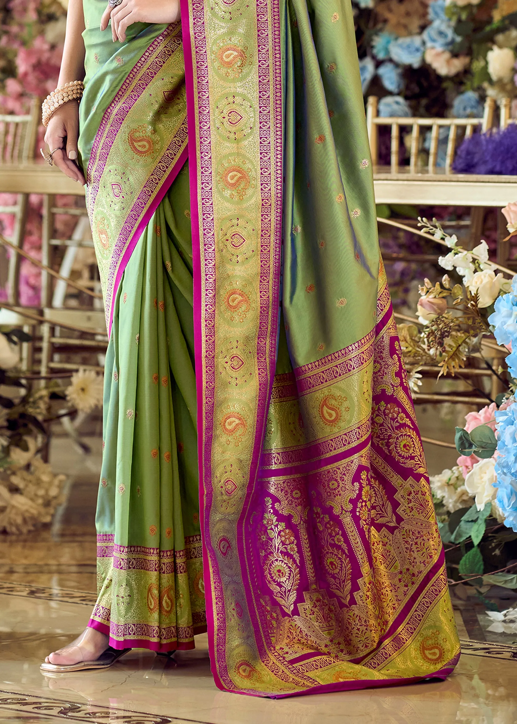 Pistachio Green Woven Banarasi Silk Saree With Contrast Blouse