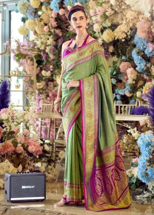 Pistachio Green Woven Banarasi Silk Saree With Contrast Blouse