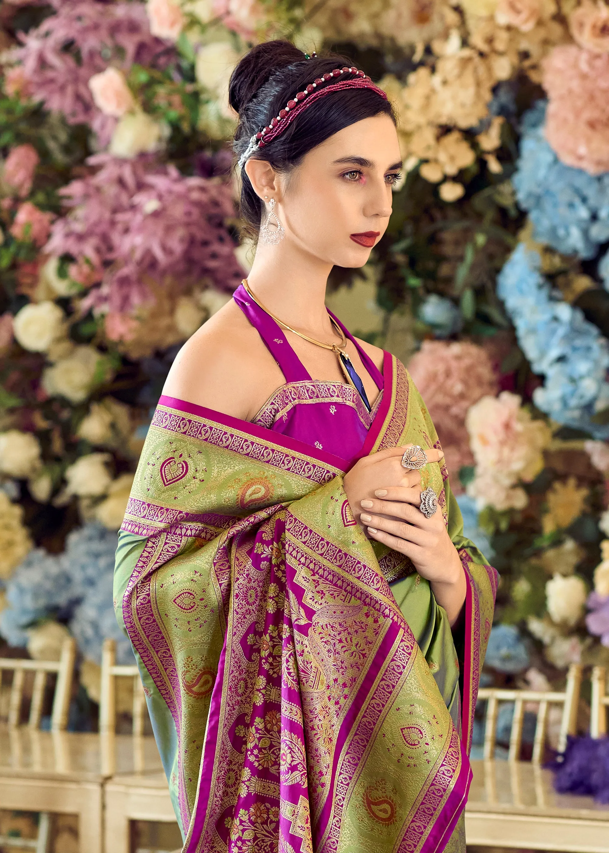 Pistachio Green Woven Banarasi Silk Saree With Contrast Blouse