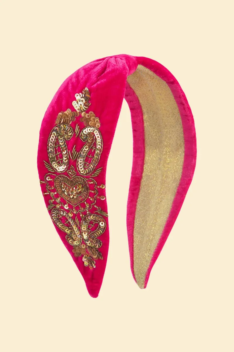 Powder Velvet Beaded Headband Raspberry Love Heart