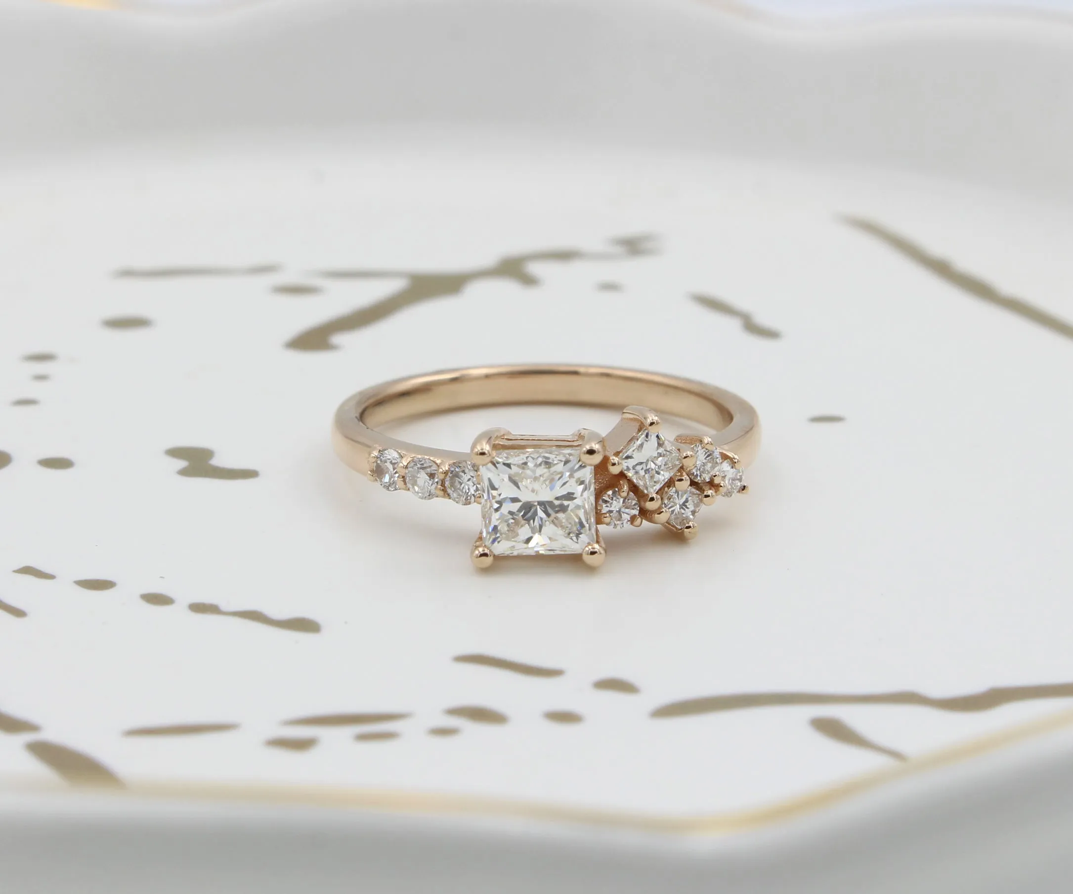 Princess Diamond Offset Cluster Rose Gold Ring
