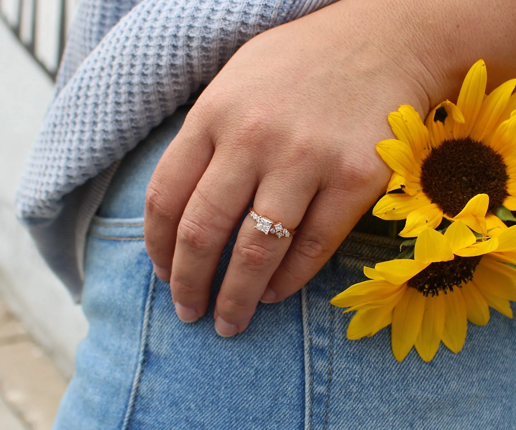 Princess Diamond Offset Cluster Rose Gold Ring