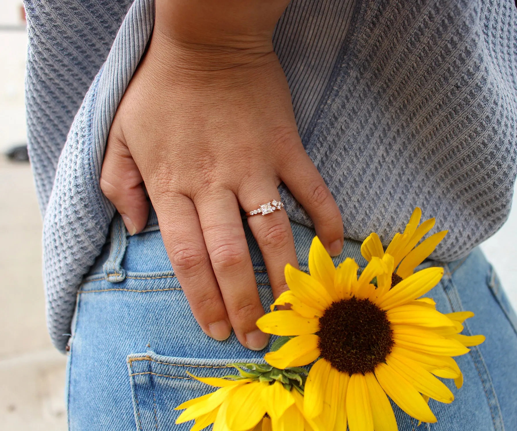 Princess Diamond Offset Cluster Rose Gold Ring