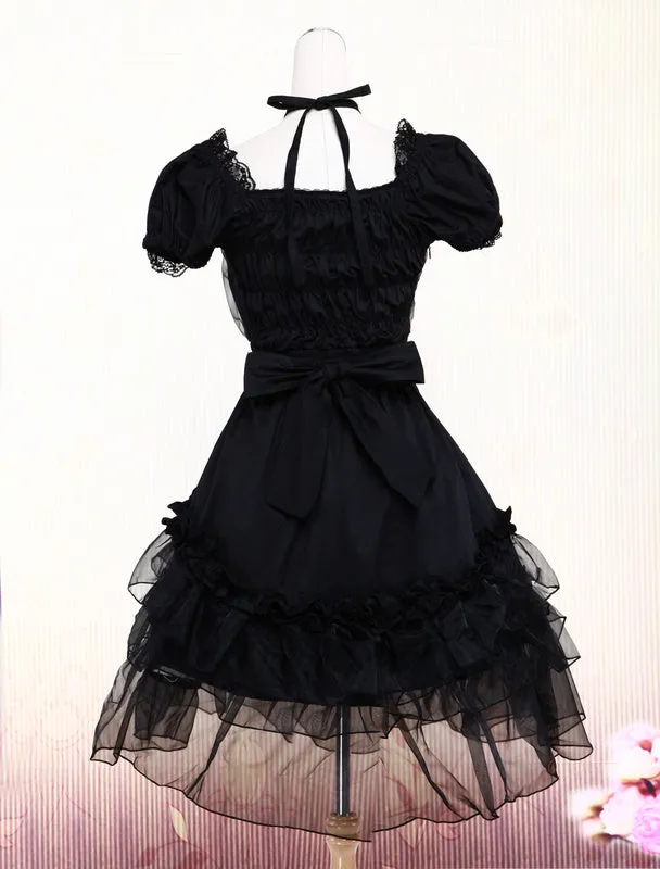 Pure Black Lolita One-piece Dress Short Sleeves Lace Trim Neck Straps