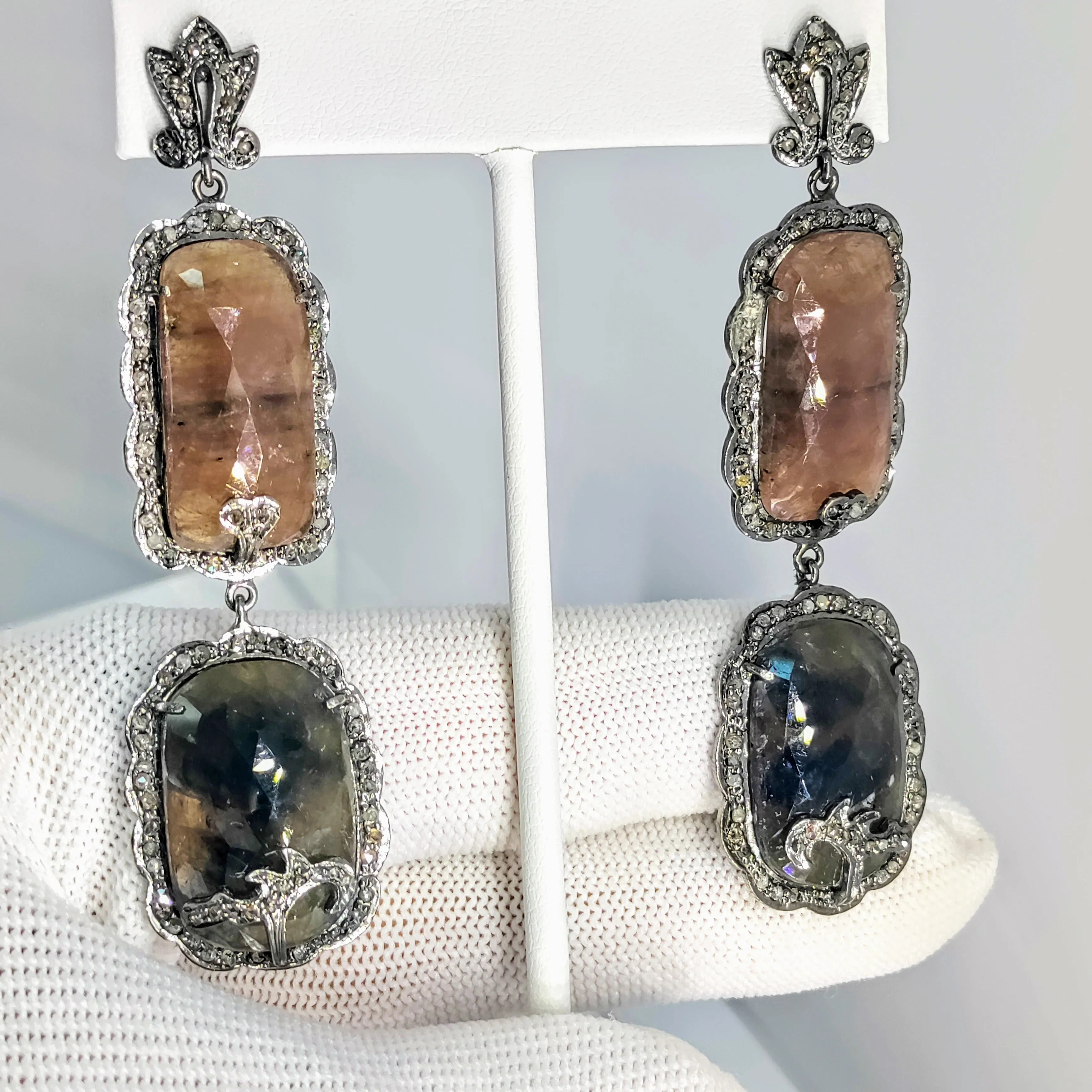 "Sapphire So Good” 3.5" Earrings - Natural Sapphire, 'Raw' Diamonds, Black Sterling