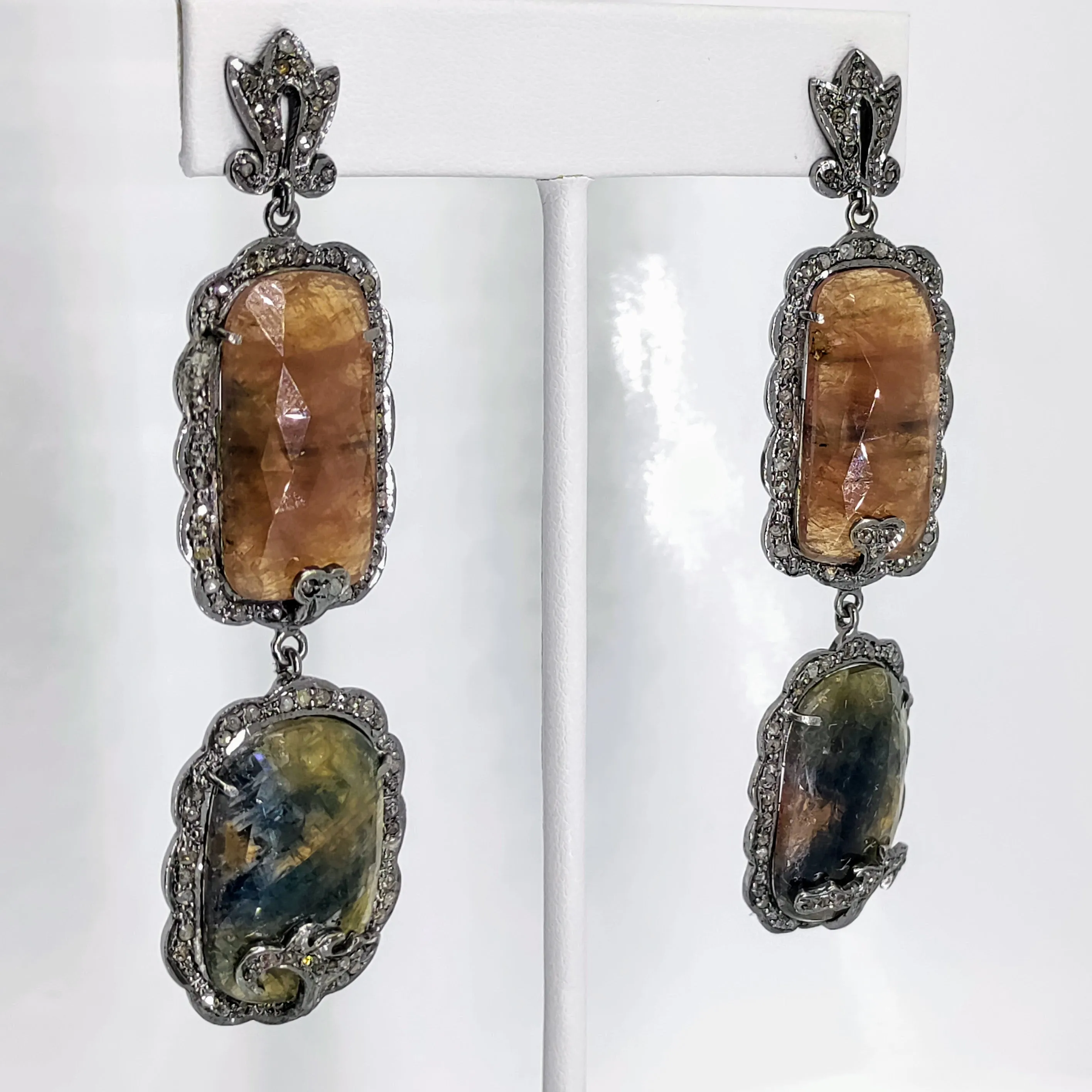 "Sapphire So Good” 3.5" Earrings - Natural Sapphire, 'Raw' Diamonds, Black Sterling