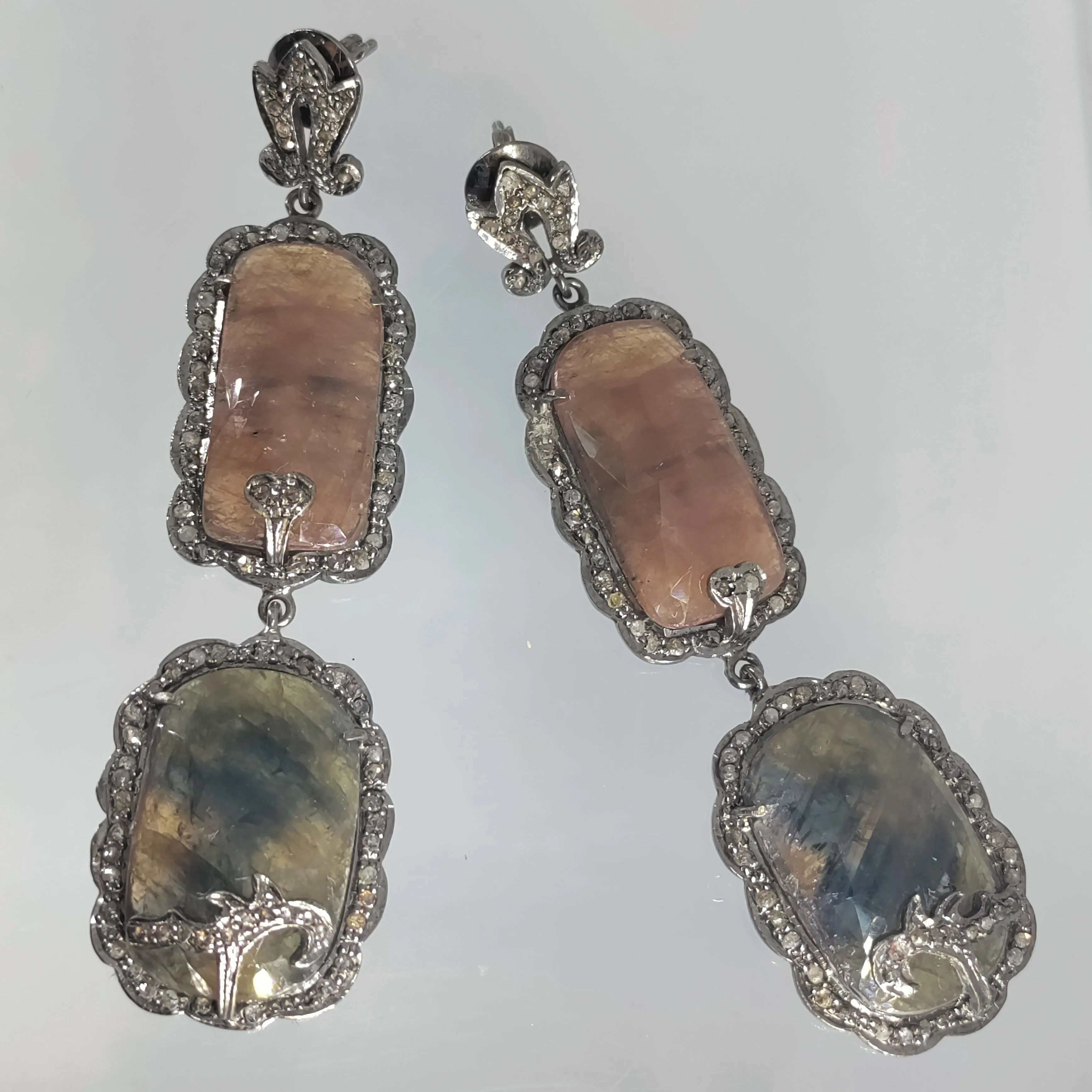 "Sapphire So Good” 3.5" Earrings - Natural Sapphire, 'Raw' Diamonds, Black Sterling