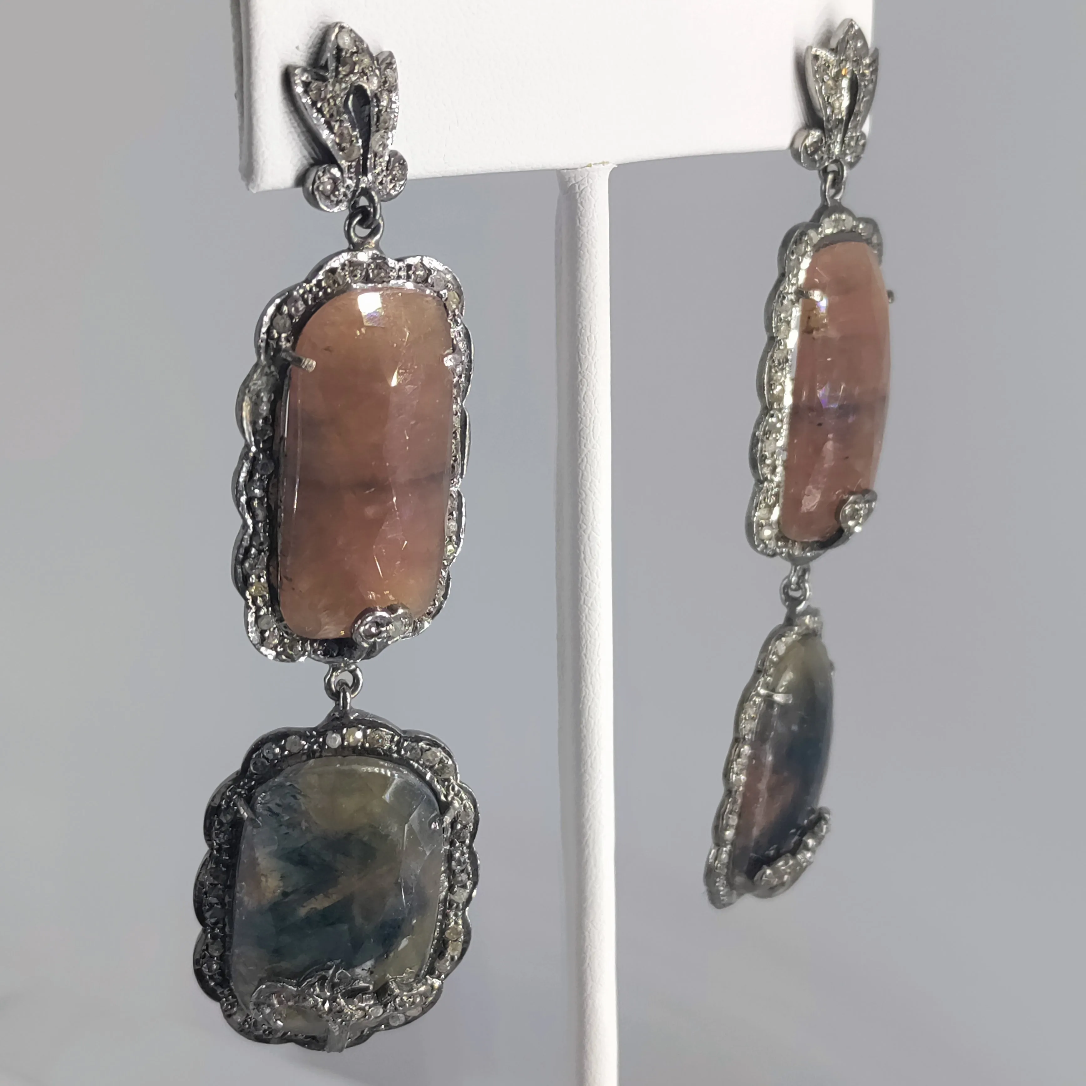 "Sapphire So Good” 3.5" Earrings - Natural Sapphire, 'Raw' Diamonds, Black Sterling