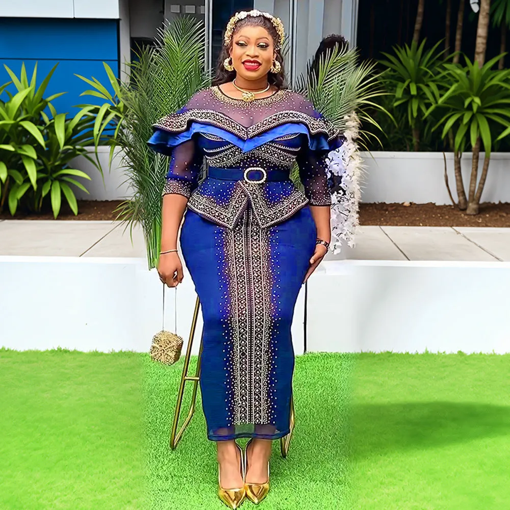 Regal Embellished Beaded African-Inspired Maxi Dress with Layered Ruffles