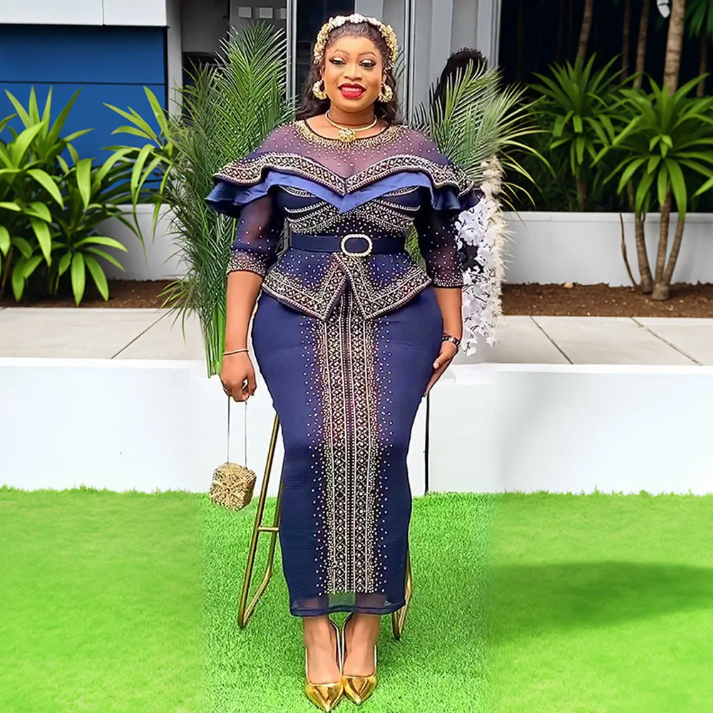 Regal Embellished Beaded African-Inspired Maxi Dress with Layered Ruffles