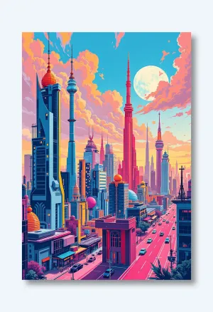Retro-Futuristic Skyline Dreamscape Wall Art Poster
