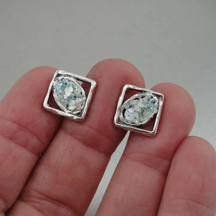 Roman Glass Stud Earrings 925 Sterling Silver  Handmade Hadar Designers (AS) SALE